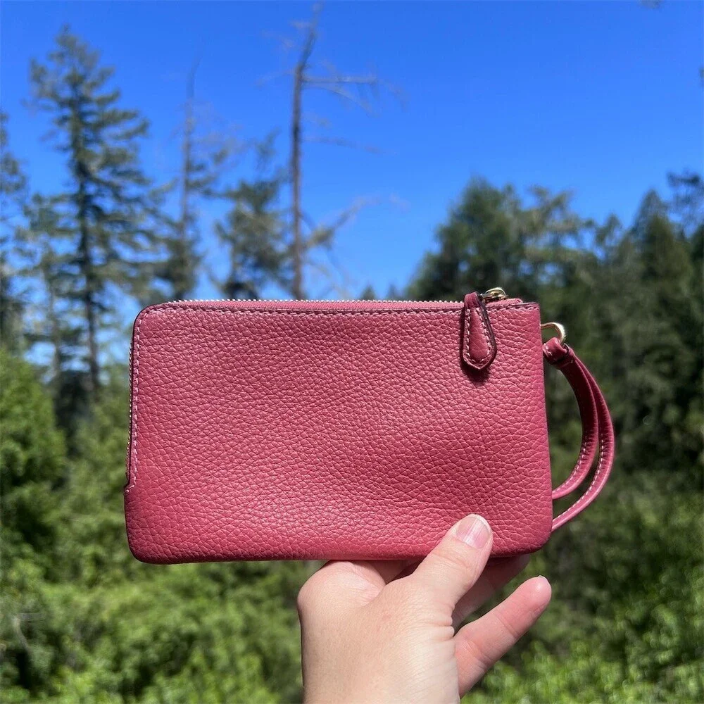 COACH Pebbled Leather Wristlet Double Zip Cardholder Wallet Pink w Gold Hardware